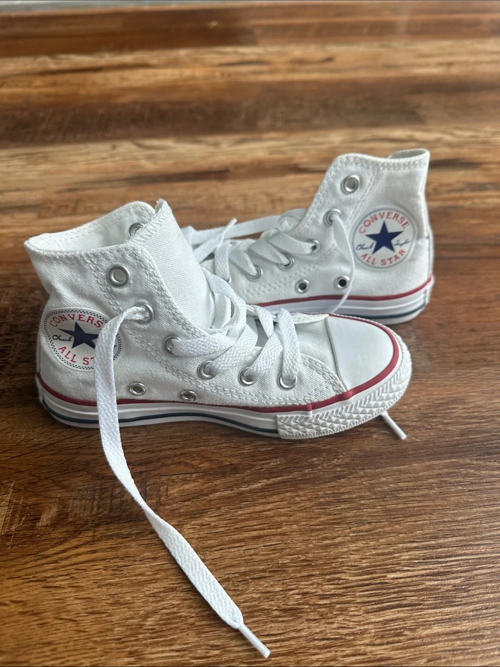 Converse White High Top Kids Sneakers with Red & Navy Trim